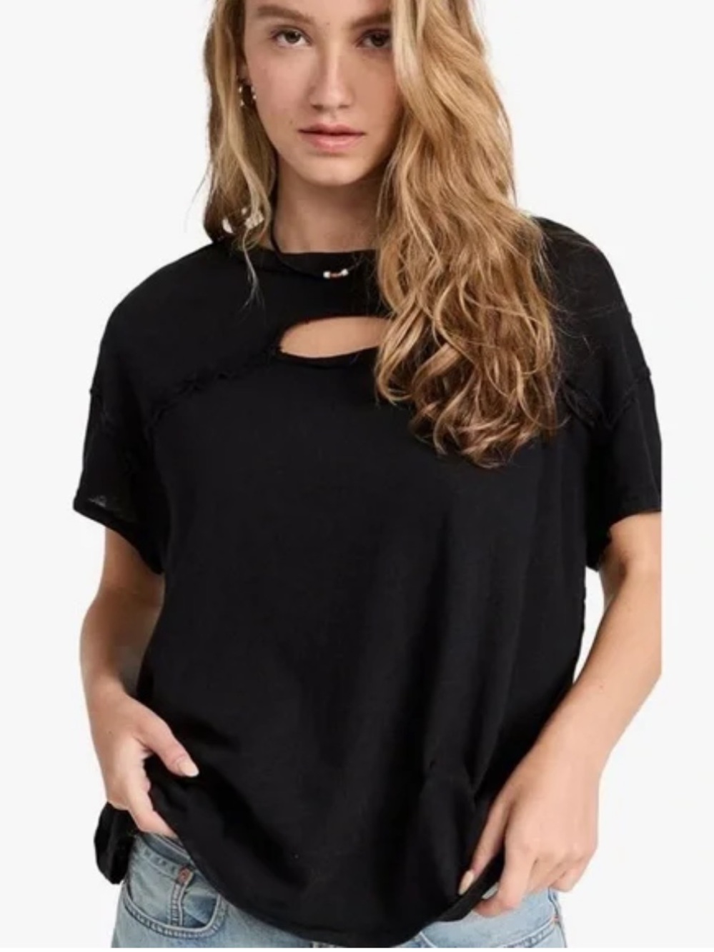 Free People Black Short Sleeve Tee with Front Keyhole